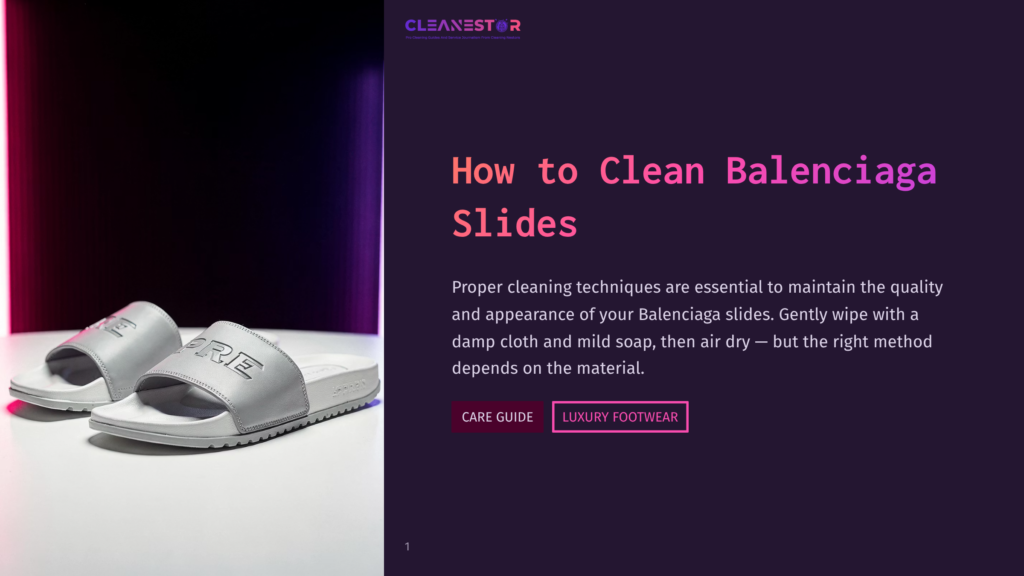 Close-Up Of Two White Balenciaga Slides With The Word &Quot;Balenciaga&Quot; Embossed On Them, Resting On A White Surface With A Dark, Moody Background Lit By Purple And Pink Neon Lights.