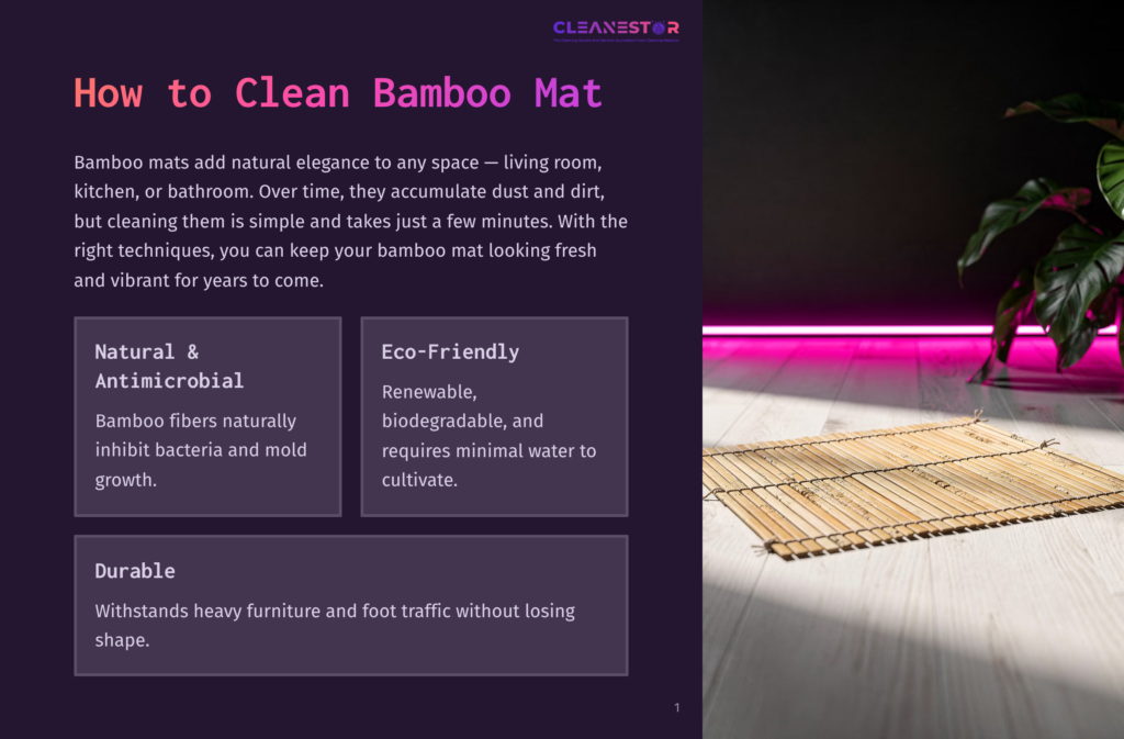 A Clean Bamboo Bath Mat Sits On A White Wooden Floor, Bathed In Soft Light With A Lush Green Plant In The Background. The Mat Has A Natural, Woven Texture.