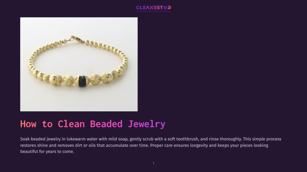 Close-Up Of A Gold Beaded Bracelet With A Black Stone Accent, Resting On A White Surface. Text Overlay Reads &Quot;How To Clean Beaded Jewelry.