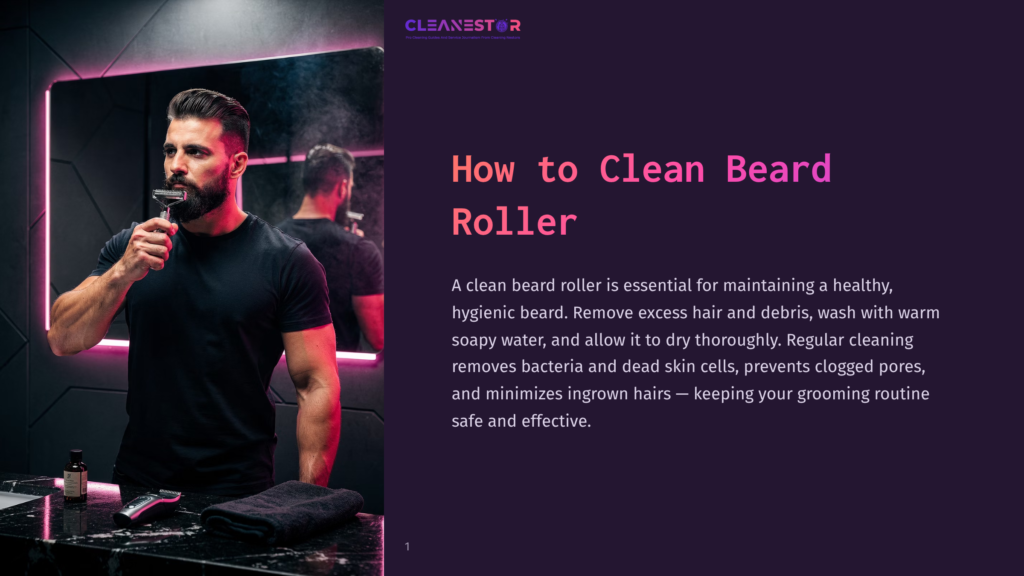 A Man With A Beard Shaves In A Modern Bathroom With Pink Neon Lights, With A Beard Roller Visible On The Counter.