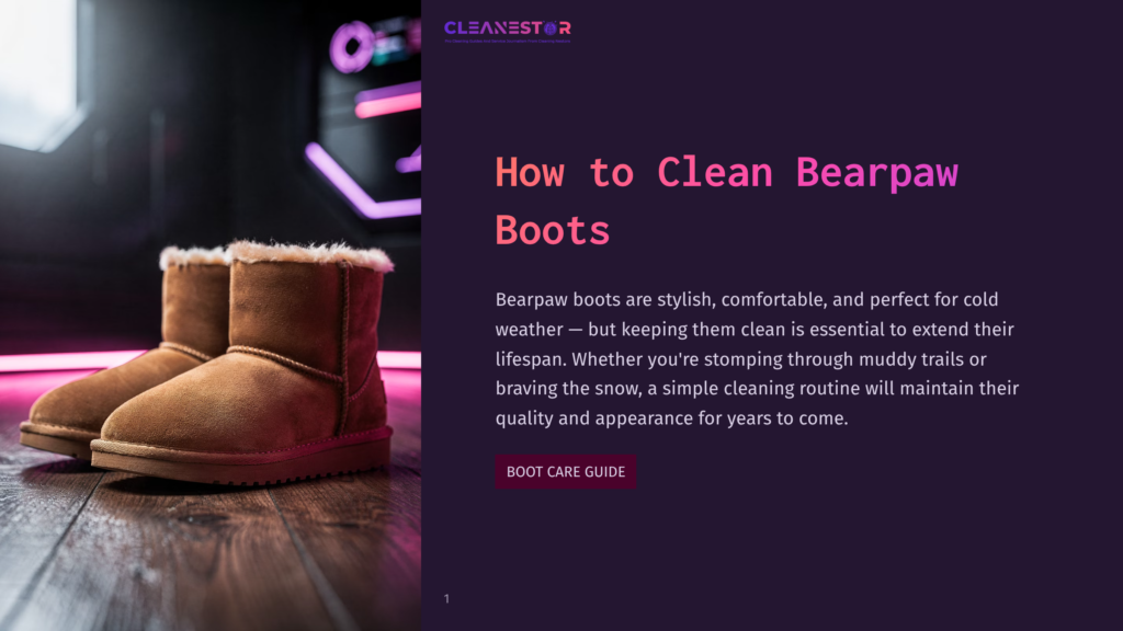 A Pair Of Brown Bearpaw Boots With Fluffy White Trim Sit On A Wooden Floor, With Neon Pink And Blue Lights In The Background. The Text &Quot;Cleanestor&Quot; And &Quot;How To Clean Bearpaw Boots&Quot; Is Visible.