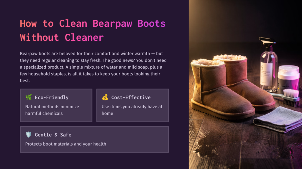 Cozy Bearpaw Boots Sit On A Dark Wooden Floor Next To Cleaning Supplies: A Spray Bottle, A Jar, And A Brush. The Image Illustrates How To Clean Bearpaw Boots Without Cleaner.