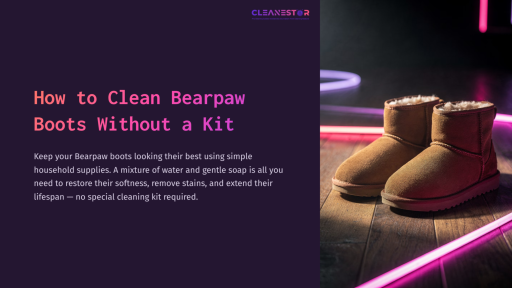 A Pair Of Tan Suede Bearpaw Boots Sits On A Wooden Floor, Bathed In The Glow Of Pink And Purple Neon Lights.