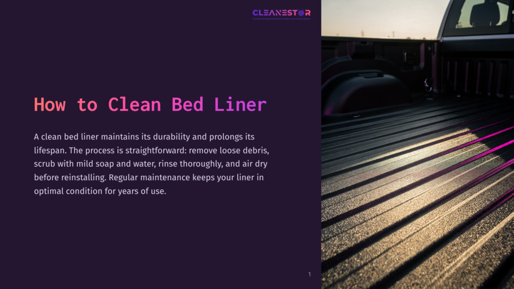 A Clean Truck Bed Liner With A Textured Surface, Reflecting Sunlight And Showing Pink Light Streaks. Text Overlay Reads &Quot;How To Clean Bed Liner&Quot;.