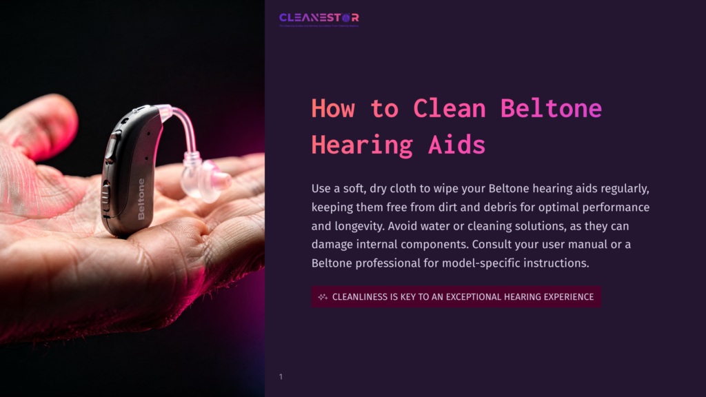 A Person'S Hand Holds A Small, Beige Beltone Hearing Aid With A Clear Tube And Earbud. The Hearing Aid Is Positioned In A Palm Against A Dark, Gradient Background.