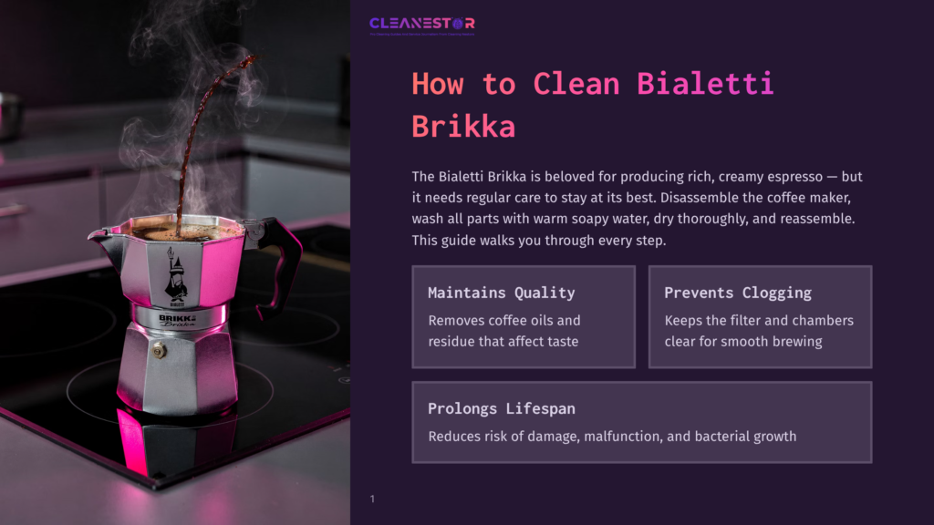 A Bialetti Brikka Stovetop Coffee Maker Steams On A Black Induction Stovetop, With The Text &Quot;How To Clean Bialetti Brikka&Quot; And &Quot;Cleanestor&Quot; Visible In The Background.