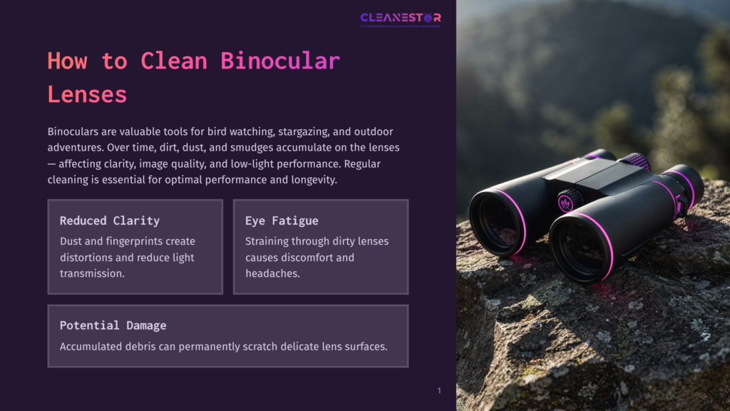 A Pair Of Purple And Black Binoculars Rests On A Moss-Covered Rock, With A Blurred Green Forest In The Background. Text Overlays Read &Quot;Cleanestar&Quot; And &Quot;How To Clean Binocular Lenses&Quot;.