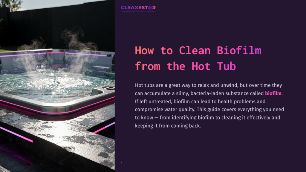 Close-Up Of A Steaming Hot Tub With Vibrant Pink And Purple Led Lights Illuminating The Water And The Dark, Glossy Surround. The Text &Quot;How To Clean Biofilm From The Hot Tub&Quot; Is Visible.