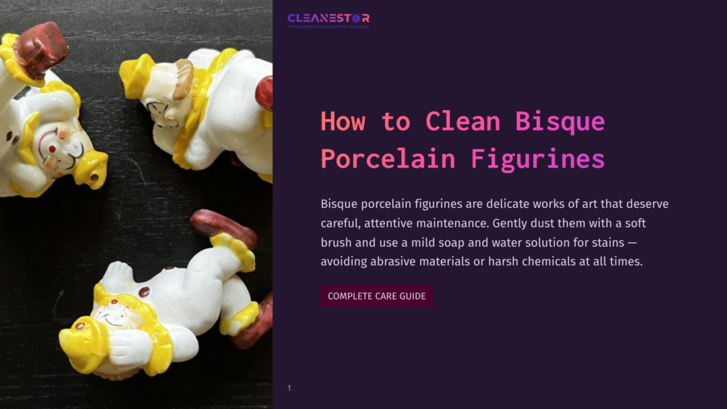 Three Charming Bisque Porcelain Figurines With Yellow Hats And Red Accents Lie On A Dark Surface. The Text &Quot;How To Clean Bisque Porcelain Figurines&Quot; Is Visible.