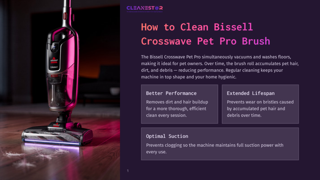 1 How To Clean Bissell Crosswave Pet Pro Brush A Pink And Black Bissell Crosswave Pet Pro Hard Floor Cleaner Sits On A Wooden Floor, With The &Quot;Cleanestor&Quot; Logo Visible At The Top Of The Image.