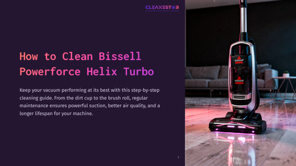 A Sleek Bissell Powerforce Helix Turbo Vacuum Cleaner Is Shown Upright On A Light Wood Floor, With A Couch And A Table In The Blurred Background. The Vacuum Has A Clear Dirt Bin And A Pink Led Light Strip On The Brush Roll.