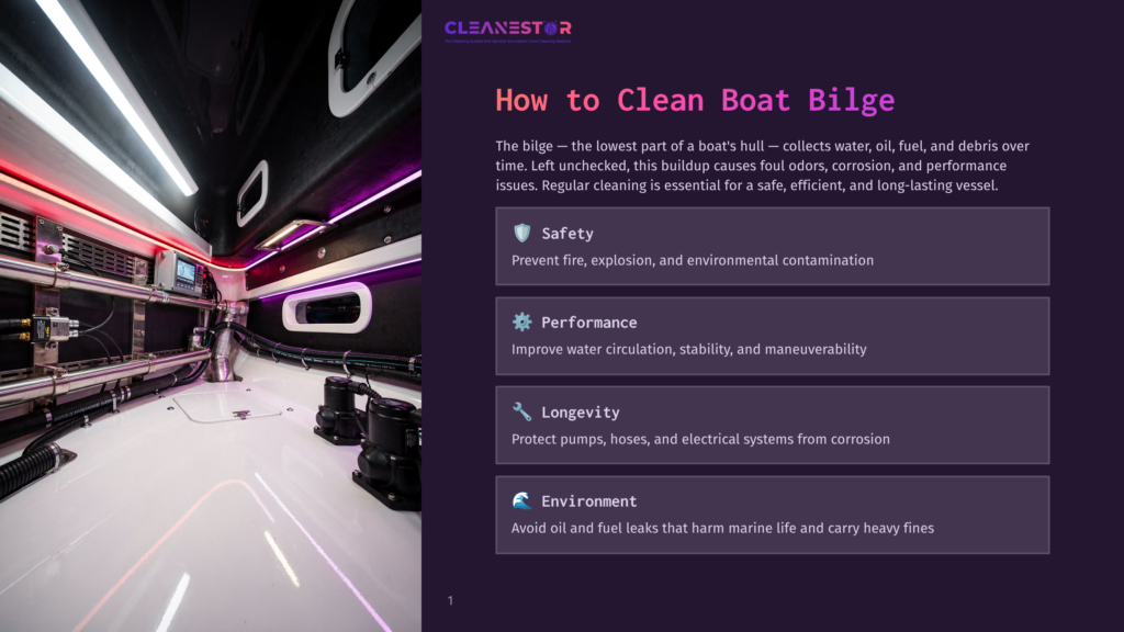 1 How To Clean Boat Bilge Interior Of A Clean, Modern Boat Bilge With White Surfaces, Stainless Steel Pipes, And Purple Led Lighting. Text On The Right Reads &Quot;Cleanestor&Quot; And &Quot;How To Clean Boat Bilge&Quot; With Sections On Safety, Performance, Longevity, And Environment.