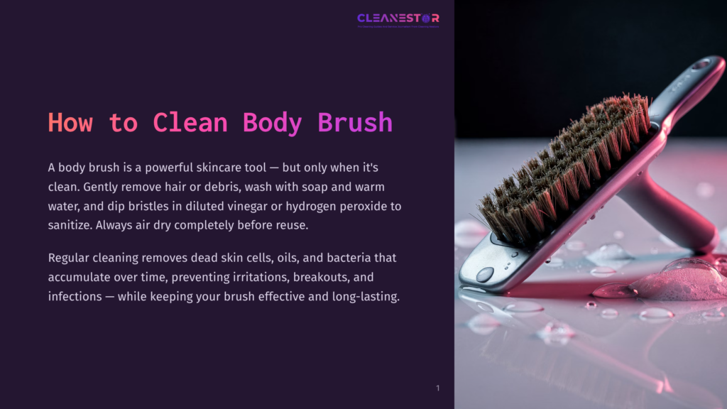 A Close-Up Of A Body Brush With Dark Bristles And A Silver Handle Resting On A Wet Surface With Pink-Tinted Suds And Water Droplets. Text On The Left Reads &Quot;How To Clean Body Brush&Quot;.