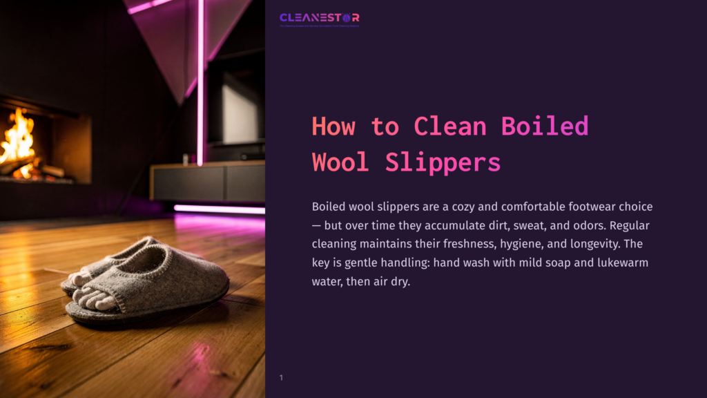 Cozy Grey Boiled Wool Slippers Rest On A Warm Wooden Floor In Front Of A Fireplace With A Roaring Fire. The Text &Quot;How To Clean Boiled Wool Slippers&Quot; Is Visible.