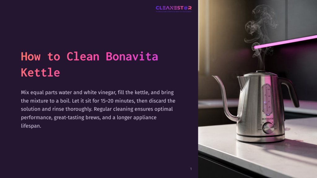 A Shiny Stainless Steel Bonavita Kettle Sits On A Countertop With Steam Rising, Next To A Pink Neon Light. The Text &Quot;Cleanestor&Quot; Is Visible At The Top.