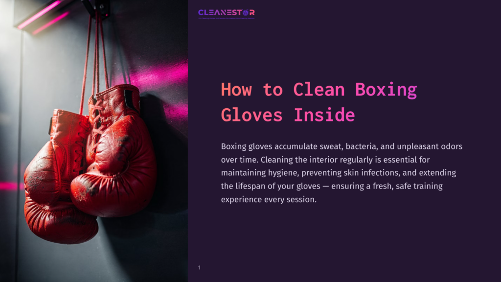 1 How To Clean Boxing Gloves Inside A Pair Of Red Boxing Gloves Hangs From A Hook, Illuminated By Pink Light, Against A Dark Background. The Text &Quot;Cleanestor&Quot; And &Quot;How To Clean Boxing Gloves Inside&Quot; Is Visible.