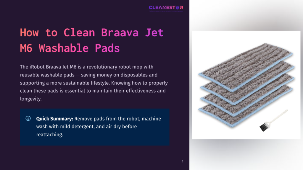 Three Irobot Braava Jet M6 Washable Pads Stacked On A White Surface, With A Small Cleaning Brush To The Right.