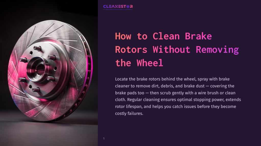 Close-Up Of A Clean, Vented Brake Rotor With A Shiny Metal Finish, Illuminated By Pink And Purple Lighting. Text Overlay Reads &Quot;Cleanestor&Quot; And &Quot;How To Clean Brake Rotors Without Removing The Wheel.