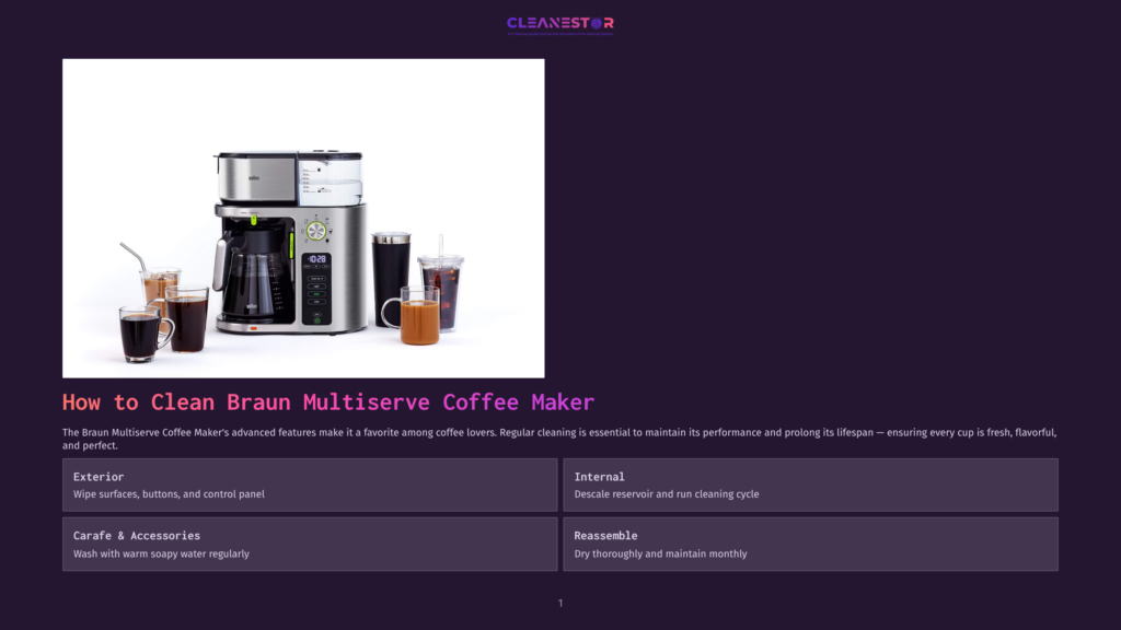 Braun Multiserve Coffee Maker With Carafe, Travel Mug, And Cups, On A Clean White Background. Instructions For Cleaning Are Visible Below.