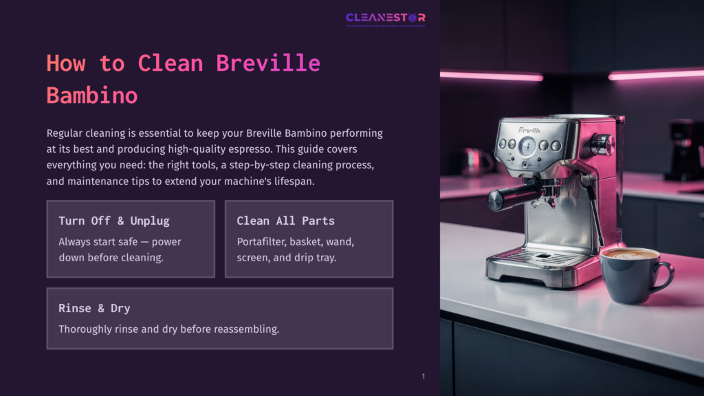 1 How To Clean Breville Bambino Breville Bambino Espresso Machine On A Kitchen Counter, With A Freshly Brewed Espresso In A Cup Next To It. The Image Is Part Of A Guide On Cleaning The Breville Bambino.