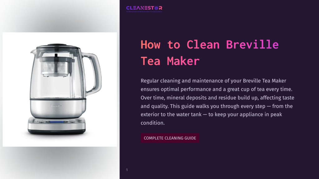 A Stainless Steel Breville Tea Maker With A Transparent Lid And Glass Water Tank On A White Background.