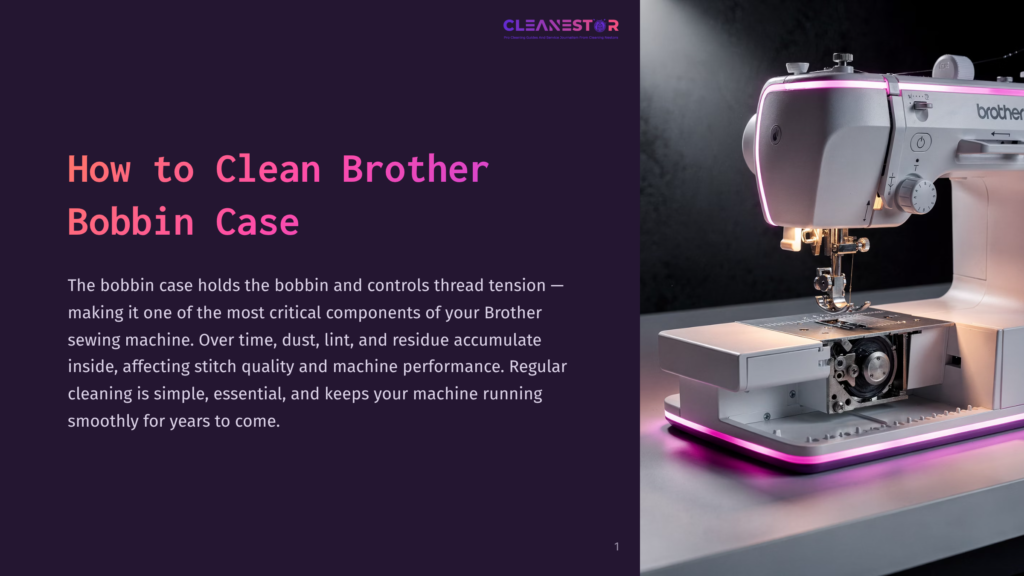 Close-Up Of A Modern Brother Sewing Machine With Its Bobbin Case Area Exposed, Featuring A Bright Pink Led Light Strip. The Text &Quot;How To Clean Brother Bobbin Case&Quot; Is Overlaid On A Dark Purple Background.