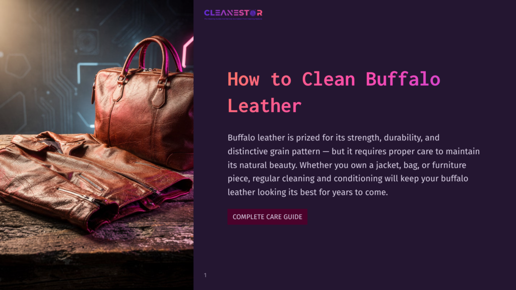 A Brown Leather Handbag Rests On A Wooden Surface With A Pair Of Matching Leather Gloves. The Scene Is Set Against A Sleek, Modern Backdrop With A &Quot;How To Clean Buffalo Leather&Quot; Text Overlay, Emphasizing The Care And Maintenance Of Buffalo Leather.