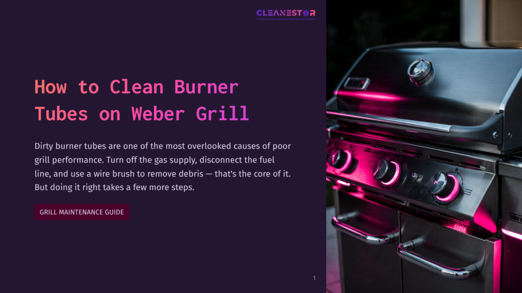 Close-Up Of A Stainless Steel Weber Grill With Glowing Pink Burner Flames, Showing The Control Knobs And Grates. Text On The Left Reads &Quot;How To Clean Burner Tubes On Weber Grill&Quot; And &Quot;Grill Maintenance Guide&Quot;.