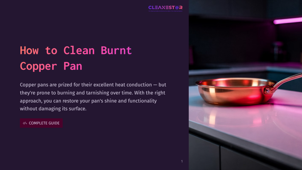 A Shiny Copper Pan Sits On A White Countertop, With A Blurred Kitchen Background Featuring Pink Led Lighting. The Text &Quot;Cleanstar How To Clean Burnt Copper Pan&Quot; Is Visible.