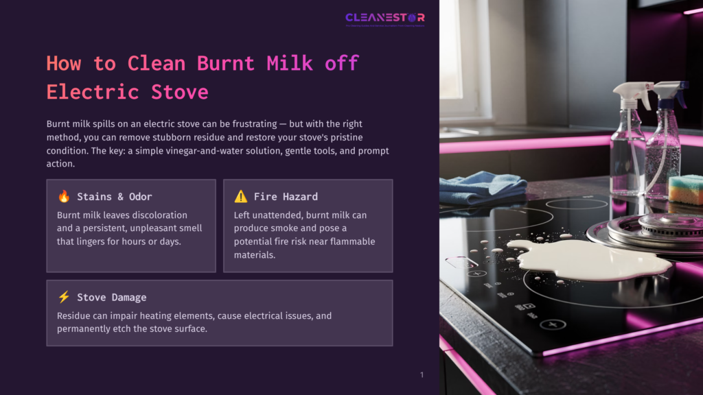 A White Liquid, Likely Burnt Milk, Spills Across A Black Electric Stove Top, With Cleaning Supplies Like Spray Bottles And A Sponge Nearby. The Title &Quot;How To Clean Burnt Milk Off Electric Stove&Quot; Is Visible On A Dark Background To The Left.