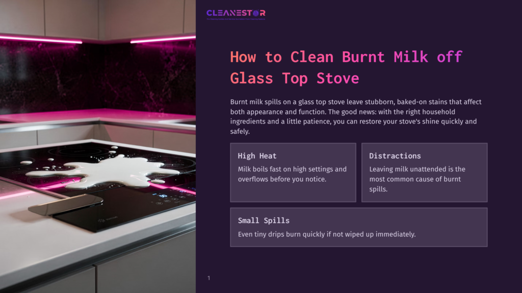 Cleanestor Logo Above A Glass Top Stove With Spilled Milk Burning, Illustrating How To Clean Burnt Milk Off A Glass Top Stove.