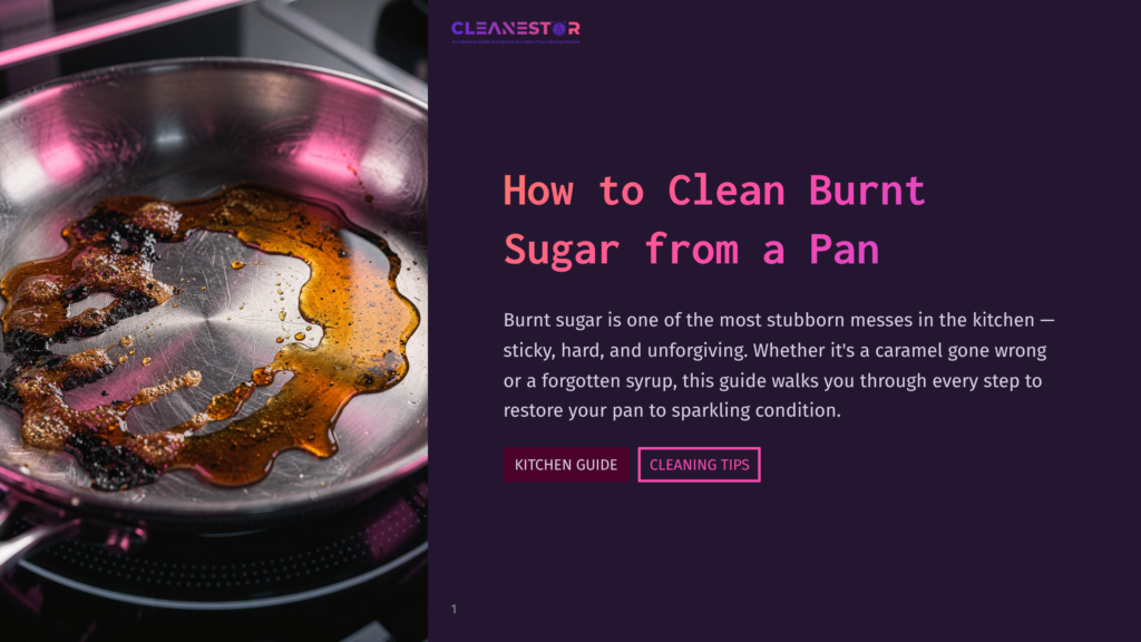 Close-Up Of A Stainless Steel Pan With Burnt Sugar Residue, Showing Dark, Sticky Caramel Stuck To The Bottom. The Pan Sits On A Black Stovetop, With A Pinkish Light Reflecting On The Metal.