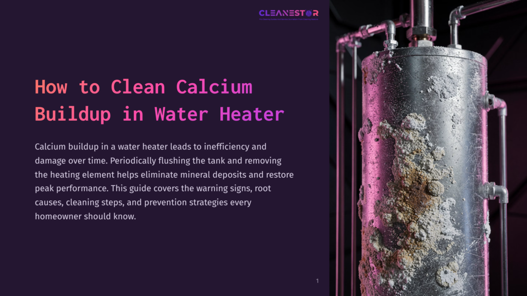 Close-Up Of A Water Heater Tank With Heavy Calcium Buildup, Showing White Mineral Deposits And Rust. Text On The Left Reads &Quot;How To Clean Calcium Buildup In Water Heater.