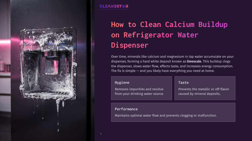 A Refrigerator Water Dispenser Heavily Coated In White Calcium Buildup, With Water Drips Visible. Text Reads &Quot;Cleanestor&Quot; And &Quot;How To Clean Calcium Buildup On Refrigerator Water Dispenser&Quot;.