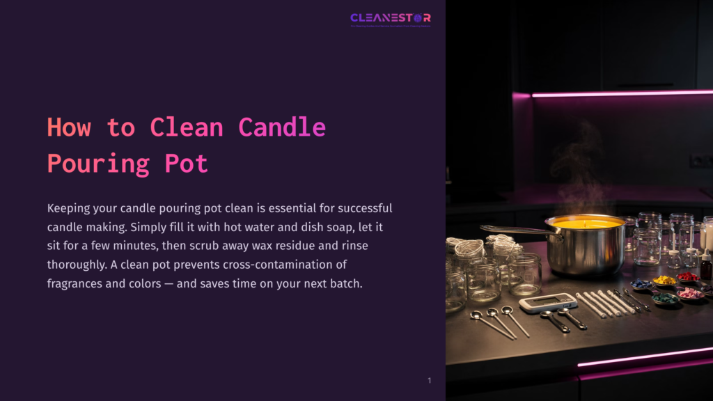 A Steaming Pot Of Yellow Liquid Sits On A Dark Countertop, Surrounded By Small Glass Jars, Candle Wicks, And Various Colored Wax Dyes, With The Title &Quot;How To Clean Candle Pouring Pot&Quot; In Purple Text On The Left.