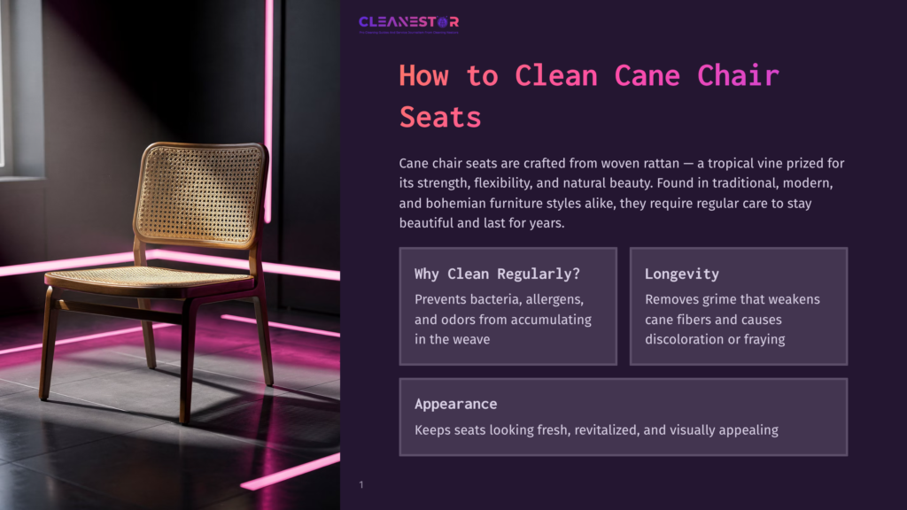 1 How To Clean Cane Chair Seats A Stylish Cane Chair With A Woven Seat Sits In A Modern Room, Illuminated By Pink Neon Lights. The Text &Quot;Cleanestor How To Clean Cane Chair Seats&Quot; Is Visible.