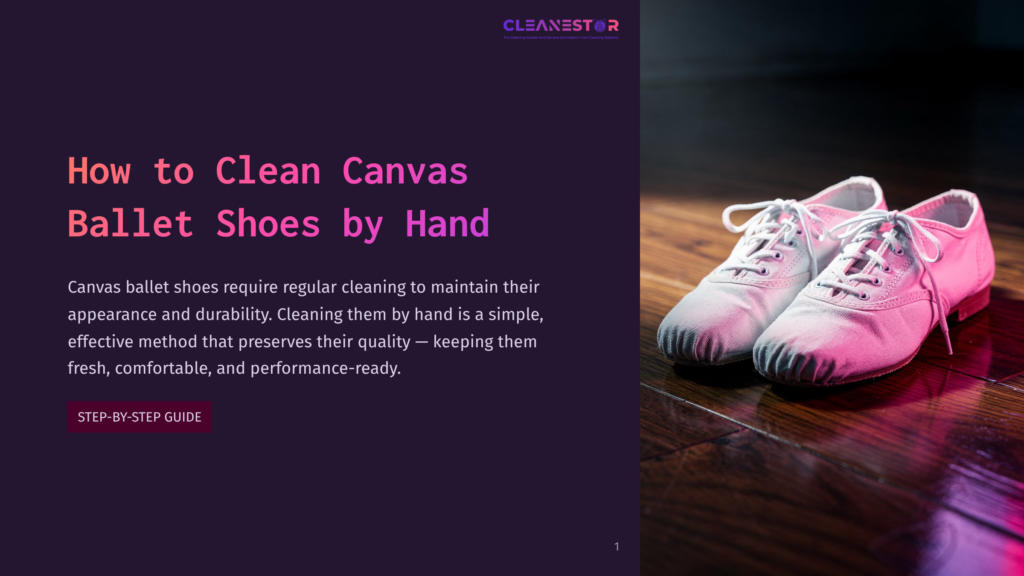 Close-Up Of Two White Canvas Ballet Shoes With Pink Laces Resting On A Dark, Polished Wooden Floor, Illuminated By Soft Pink And Purple Stage Lighting.