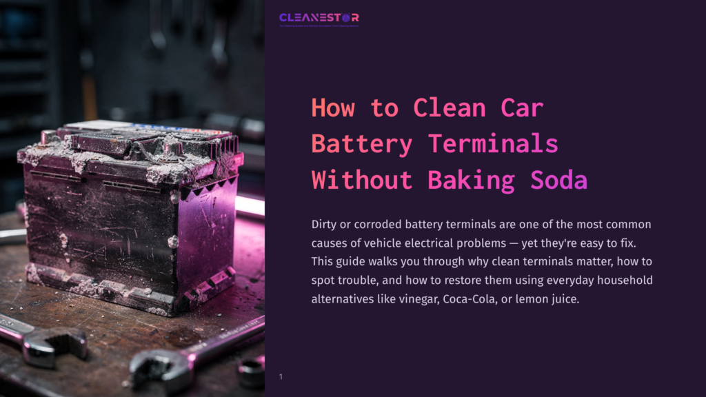 1 How To Clean Car Battery Terminals Without Baking Soda A Dirty, Corroded Car Battery Sits On A Workbench Next To Wrenches, With A Neon Pink Light Illuminating The Scene. Text Overlay Reads &Quot;How To Clean Car Battery Terminals Without Baking Soda.