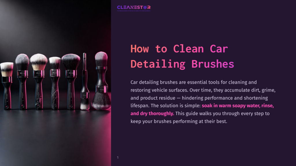 A Collection Of Car Detailing Brushes, Including Soft-Bristled And Stiffer Brushes, Are Arranged In A Row On A Dark Background.