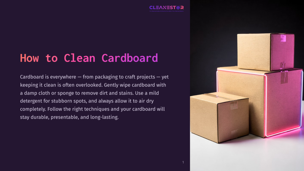Three Cardboard Boxes Of Varying Sizes Are Stacked And Illuminated By Vibrant Pink Neon Lights, Showcasing How To Clean Cardboard. The Text &Quot;How To Clean Cardboard&Quot; Is Prominently Displayed On The Left.