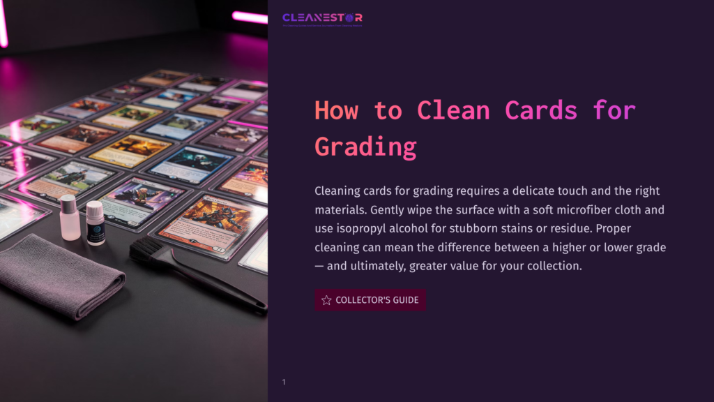 A Collection Of Magic: The Gathering Cards In Protective Sleeves Are Laid Out On A Dark Surface, With Cleaning Supplies Including A Microfiber Cloth, Brush, And Small Bottles Nearby. The Scene Is Illuminated By Soft Pink Light, Hinting At Card Grading Preparation.