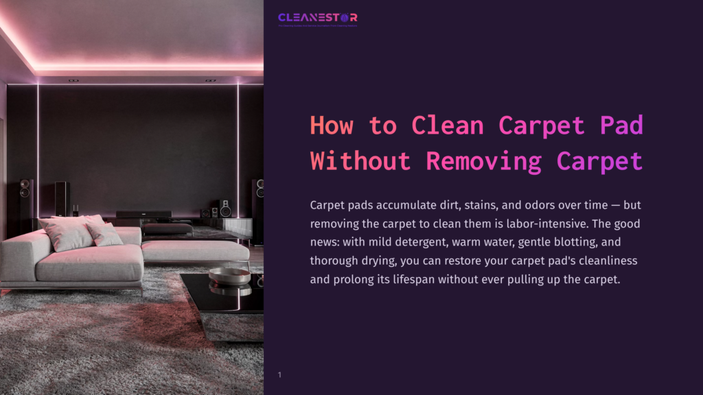 Modern Living Room With Plush Sectional Sofa, Elegant Coffee Table, And Large Speakers, Illuminated By Soft Pink Ambient Lighting. Text Overlay: &Quot;Cleanestor How To Clean Carpet Pad Without Removing Carpet&Quot;.