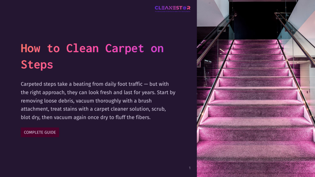 A Modern, Carpeted Staircase With Purple Led Lighting, Showcasing The Title &Quot;How To Clean Carpet On Steps.