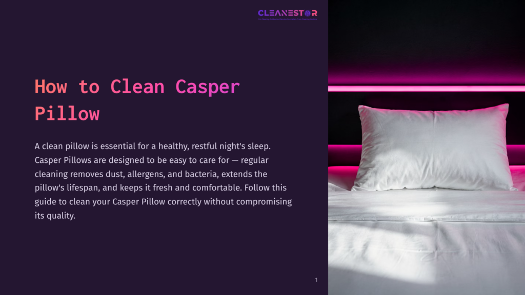 A Clean, White Casper Pillow Rests On A Neatly Made Bed With Crisp White Sheets, Illuminated By Vibrant Pink Lighting From Behind. The Text &Quot;How To Clean Casper Pillow&Quot; Is Visible On The Left.