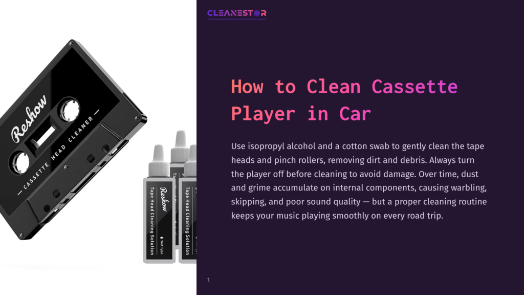A Black Cassette Tape With The Brand &Quot;Reshow&Quot; And &Quot;Cassette Head Cleaner&Quot; Visible, Sits Next To Two Small Bottles Of Cleaning Solution. The Text &Quot;How To Clean Cassette Player In Car&Quot; Is Overlaid On A Dark Purple Background.