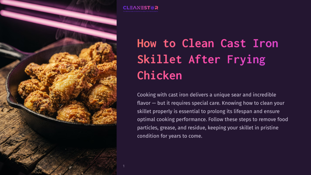 1 How To Clean Cast Iron Skillet After Frying Chicken Crispy, Golden-Brown Fried Chicken In A Cast Iron Skillet On A Rustic Wooden Surface, With Steam Rising. Text Overlay Reads: &Quot;Cleanestor How To Clean Cast Iron Skillet After Frying Chicken&Quot;.