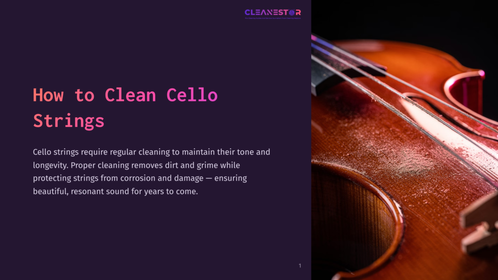 1 How To Clean Cello Strings Close-Up Of Cello Strings On A Polished Wooden Cello, With Text Overlay &Quot;How To Clean Cello Strings&Quot; And A Logo For Cleanestor.