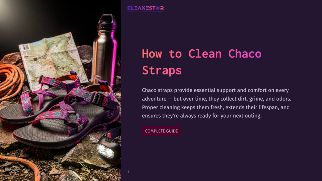 A Pair Of Chaco Sandals With Pink And Green Straps Rests On Rocks Next To A Metal Water Bottle, A Map, And A Headlamp. The Text &Quot;How To Clean Chaco Straps&Quot; Is Visible.