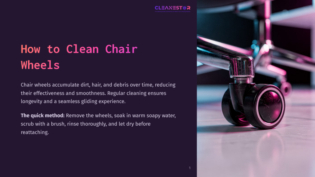 1 How To Clean Chair Wheels Close-Up Of A Black Office Chair Wheel With Chrome Accents, Resting On A Polished Floor. The Wheel Shows Signs Of Wear And Dirt, With The Cleanestor Logo Visible In The Upper Right Corner.