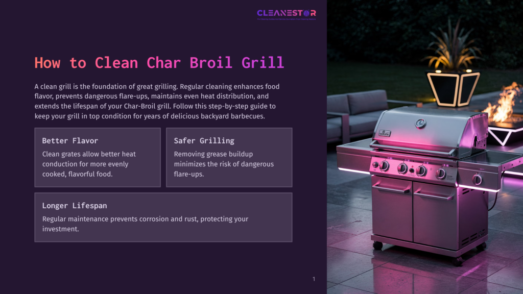 A Gleaming Stainless Steel Char-Broil Grill Sits On A Patio At Night, Illuminated By Purple Lighting. The Grill Has Its Lid Open, Revealing Burners And Grates, With A Fire Burning In A Fire Pit In The Background.